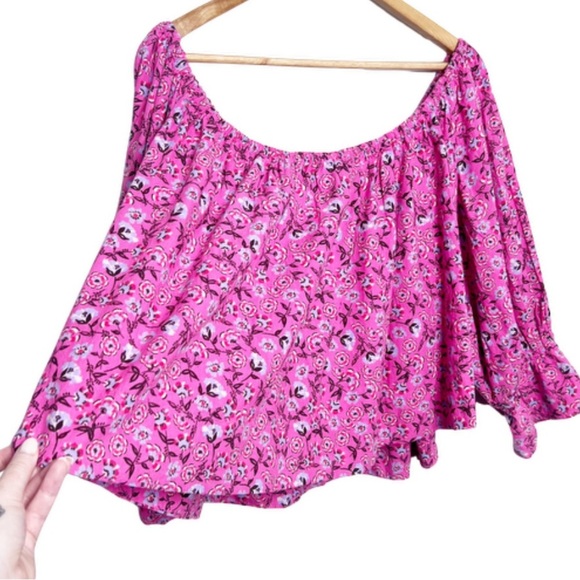 Free People Women's James Smock Pink Floral Quarter Sleeve Cropped Button Blouse - Picture 10 of 16